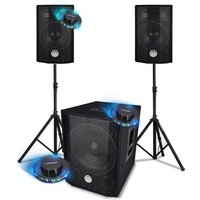 PACK SONO tout en 1- 1000W, Caisson bi-amplifié, USB Bluetooth, SUB 30cm, câbles, pieds, Animations, Mariages, Jeux de lumières
