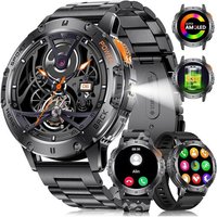 Montre Connectée Homme(3 Bracelets),530mah,5atm Étanche,1.43"" Amoled Montre Tactile Connecté Militaire Avec Torche Led Moniteur Fréquence Cardiaque