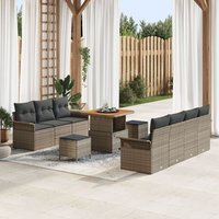 Ensemble de sofa de jardin 10 pièces avec coussins gris poly rotin acacia, Sofa de jardin 2 places avec rangement et coussins gris poly rotin,