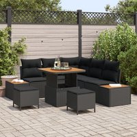 Ensemble De Canapé De Jardin De 8 Pièces Avec Coussins Noir Poly Rattan Acacia, Ensemble De Dîners De Jardin De 3 Pièces Avec Coussins Noir Poly