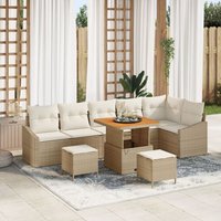 Ensemble De Canapé De Jardin 9 Pièces Beige Poly Rattan Acacia, Canapé De Jardin 2 Places Beige Poly Rattan, Ensemble De Salle À Manger De Jardin 3