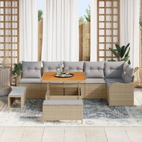Ensemble de 9 pièces de canapé de jardin avec coussins beige poly rattan acacia, Canapé de jardin 2 places avec rangement et coussins beige poly
