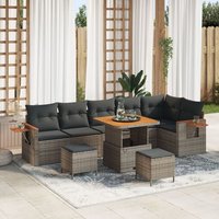 Ensemble De Canapé De Jardin De 9 Pièces Avec Coussins Gris Poly Rattan Acacia, Ensemble De Salle À Manger De Jardin De 3 Pièces Avec Coussins Gris