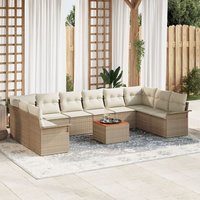 Ensemble De Canapé De Jardin 11 Pièces Avec Coussins Beige Poly Rattan Acacia, Canapé De Jardin 2 Places Avec Rangement & Coussins Beige Poly Rattan