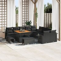 Ensemble De Canapés De Jardin 13 Pièces Noir Rattan Poly Acacia, Ensemble De Dîners De Jardin 3 Pièces Noir Rattan Poly Acacia