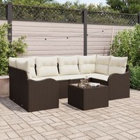 Ensemble De Canapé De Jardin 7 Pièces Avec Coussins En Rotin Poly Marron, Canapé De Jardin 2 Places Avec Coussins En Rotin Poly Marron