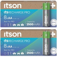 ITSON Lot de 2 Boîtes de 8 piles rechargeables AA Pro NiMH prêtes à l'emploi, 2500 mAh, idéales pour les appareils photo, les manettes de jeu, les