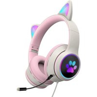 gris + rose - 1 paire d'écouteurs de jeu avec des oreilles de chat mignonnes, pliables, extensibles, filaires, avec microphone, stéréo, lumineux