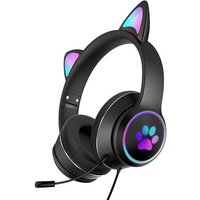 Noir - 1 paire d'écouteurs de jeu avec des oreilles de chat mignonnes, pliables, extensibles, filaires, avec microphone, stéréo, lumineux