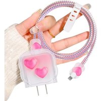 Elégant Kits De Protege Chargeur De 18/20W Compatible Avec Iphone, Protecteur De Câbles Avec Coeur Rose 3D Pour Femmes, Protecteurs Pour Raccords De