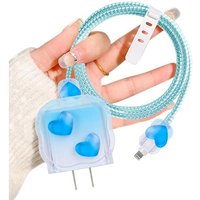 Elégant Kits De Protege Chargeur De 18/20W Compatible Avec Iphone, Protecteur De Câbles Avec Coeur Bleu 3D Pour Femmes, Protecteurs Pour Raccords De