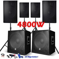Pack Sono Complet 4800W, 4 Enceintes, 2 Subwoofers USB/BLUETOOTH CABLE PC + Pieds, Prestations SONO DJ USB 32go inclus