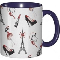 Tasse A Cafe Eiffel Motif Dessine A La Main Pour Femme Elements De Mode Chaussures Rouge A Levres Parfum Lady.Blanc Noir Imprime Tasse Coloree Pour