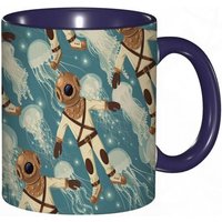 Tasse A Cafe Meduse Vintage Diver Suit Motif Meduse A L'arriere-Plan Theme De Carreaux De Sports Nautiques Imprime Bleu Sarcelle Marron Tasse Coloree