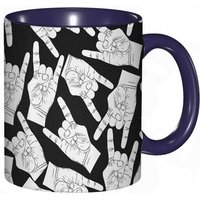 Tasse A Cafe Rock And Roll Horn Gestes De La Main Spectacle Contemporain Temps Concert Theme De Musique Dure.Impression Blanche Et Noire Tasse