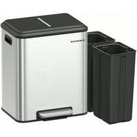 Poubelle de cuisine, 2 x 15 L Poubelle Double pour le Recyclage et les Déchets Ménagers, Acier, Fermeture Douce, Pédale, Argent Métallique