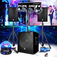 PACK SONO ENCEINTE + SUBWOOFER 1800W USB Bluetooth + PIEDS + CABLES + PORTIQUE LUMIERES