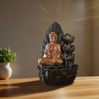 Fontaine Bouddha Et Cascade De 3 Lotus En Résine Marron Et Doré H40cm