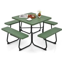 Costway Table De Pique-Nique Ronde Avec 4 Bancs Intégrés Pour 8 Personnes, Trou Pour Parasol, Pour Terrasse Jardin Camping, Vert