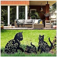 Statues De Jardin Décoratives En Métal Représentant Un Chat, Lot De 3 Silhouettes Creuses En Forme D'animal, Noires