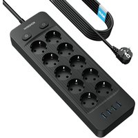 Multiprise Electrique (16A/4000W), Multiprise 10 Prises Avec 4 Ports Usb, Bloc Multiprise Parafoudre Et Surtension Avec Interrupteur, Câble 5Mpour