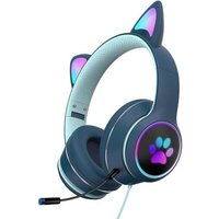 Bleu marine - 1 paire d'écouteurs de jeu avec des oreilles de chat mignonnes, pliables, extensibles, filaires, avec microphone, stéréo, lumineux
