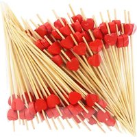 (Rouge) 100 Bâtons De Cocktail, 12cm Coeurs En Bambou Jetables, Cure-Dents En Bois, Brochettes Pour La Décoration Des Aliments, Verres À Cocktail,