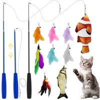 Letnerny-11 Pièces Jouet Chat, Jouet Chat Interieur,Rétractable Canne A Peche Jouet,Jouets Pour Chats À Plumes Avec Cloches,Jouet Poisson Chat Pour