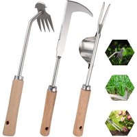 LETNERNY-3 Pièces Désherbeur Manuel Avec Poignée En Bois, Outil De Désherbage Manuel, Acier Inoxydable Épaissi Weeder De Jardin, Rangement Facile,