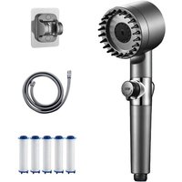 Pommeau de Douche Haute Pression Économique, Flexible PVC 1.8m, 4 Jets Réglables + Filtre Anti-Calcaire, Bouton Stop, Support Murale - Chrome