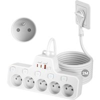 Multiprise Extra-Plate 5 Prises Française,Prise Plate Derriere Meuble avec Terre 16A 2P+T,Fiche Plate,Multiprise Electrique avec Interrupteur