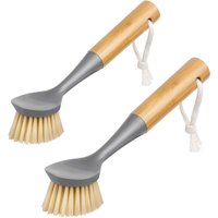 Brosse à Vaisselle Grattoir Intégré avec Poignée en Bambou, Brosse à Récurer pour Nettoyage des Plates, Casseroles Éviers de Cuisine, Lot de 2