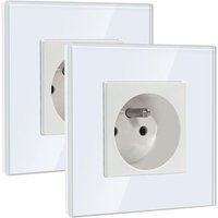Prise Murale,Standard Français 16A Single Prise de Courant Alternatif avec Panneau en Verre Cristal (2 Pack,Blanc)