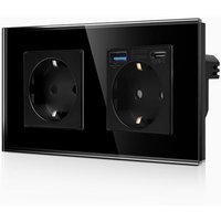 Double prise Schuko avec 2 ports USB (charge rapide de 20 W),1 x (type C et USB-A),double prise Schuko en verre encastrée,avec sécurité enfant,noire