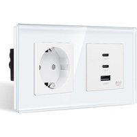 Double Prise Schuko Avec 3 Ports Usb (Charge Rapide 65 W) ¿ 2 X Type C Et 1 X Usb-A ¿ Double Prise Schuko En Verre Encastrée ¿ Blanc Avec Sécurité