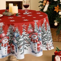 SJZG-Nappe Ronde 160 Cm Noel Rouge Nappes De Noël Anti Tache Avec Élégant Bonhomme De Neige Blanc Flocon De Neige Et Décoration De Sapin De Noël Pour