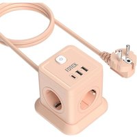 Rose Multiprise Cube 4 Prises avec 2 USB-A et 1-USB-C, 7-en-1 Bloc Multiprise avec Interrupteur (2500W/10A), Powercube avec Rallonge de 1,8 Mètres