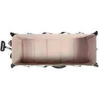 Chariot télescopique pliable, équipé de grands pneus tout-terrain adaptés aux plages de sable et d'un porte-boissons. Couleur beige.