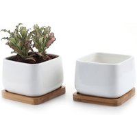 10cm Pot De Succulent En Céramique Avec Plateau En Bambou Blanc Lot De 2,Cactus Plante Planteur Cache Pot Jardinière Contenant Cadeau Pour