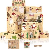 Kit Papier Cadeau Noel avec Etiquette et Autocollant, 6 Feuilles Papier Emballage Cadeau Noël Vintage avec Joli Père Noël Renne, Papier Kraft Brun