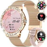 Montre Connectée Femme Bluetooth Appels Pour Android Ios 1,32"" Hd Full Touch Screen Smartwatch Diamant Maille Rose,Fréquence Cardiaque,Moniteur De