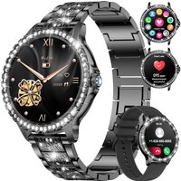 Montre Connectée Femme Bluetooth Appels Pour Android Ios 1,32"" Hd Full Touch Screen Smartwatch Diamant Acier Noir,Fréquence Cardiaque,Moniteur De