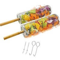 Lot de 2 Ensemble de Paniers à Barbecue Emboîtables, Acier Inoxydable 304, Poignées Bois Amovibles, Idéal Légumes, Crevettes, Poisson et Viande,