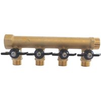 Collecteur laiton 4 départs Mâle 15/21 avec mini-vannes 1/4 de tour,entrée Femelle 20/27,sortie Mâle 20/27,idéal pour installations sanitaires et
