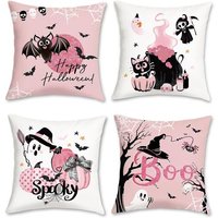 TRAHOO-Housse de Coussin Halloween 45 x 45 cm Citrouille Chauve-Souris Chat Rose Décoratif Taie d'oreiller pour Canapé Salon Chambre Chaise Jardin