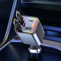 69W Chargeur de Voiture Retractable, 4 en 1 Charge Rapide Chargeur Voiture Allume Cigare USB C avec 2 Câbles Rétractables et 2 Ports pour Véhicules