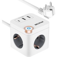 Cube multiprise, avec câble, 3 Prises, avec USB C, 3680 W, Adaptateur de Prise, Cube multiprise, 6 en 1, avec Interrupteur, pour Bureau, Maison,