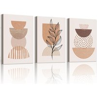 TRAHOO-3 Pièces Boho Abstraite Géométrique Tableau Decoration Murale Encadré Toile Peinture Beige et Marron Minimaliste Plantes Neutre Decoration