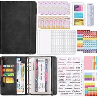 JEXNOVASHOP-Classeur Budget A6 Envelope 12 PVC 24 Feuilles Budget 2 Pochettes pour Cartes 2 Autocollants Français Pour Bureau Maison,Noir