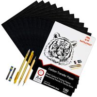 JEXNOVASHOP-100 Feuilles Papier Carbone A4 Noir avec 5 Stylets et Crayon Mécanique ¿ Feuille de Transfert Graphite pour Tracer Dessins, Couture,
